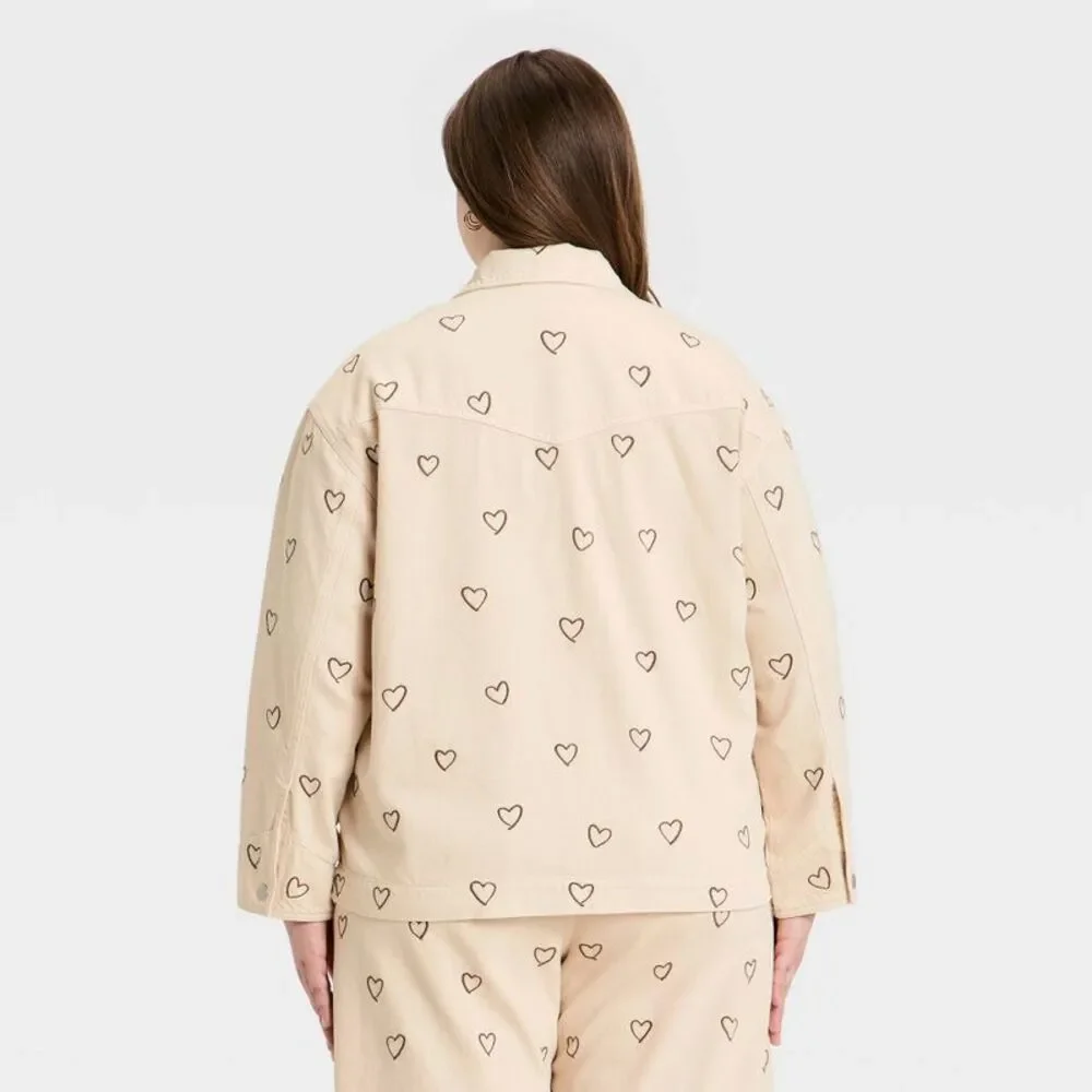 Women's Heart Embroidered Chore Denim Jacket - Universal Thread Cream XXL